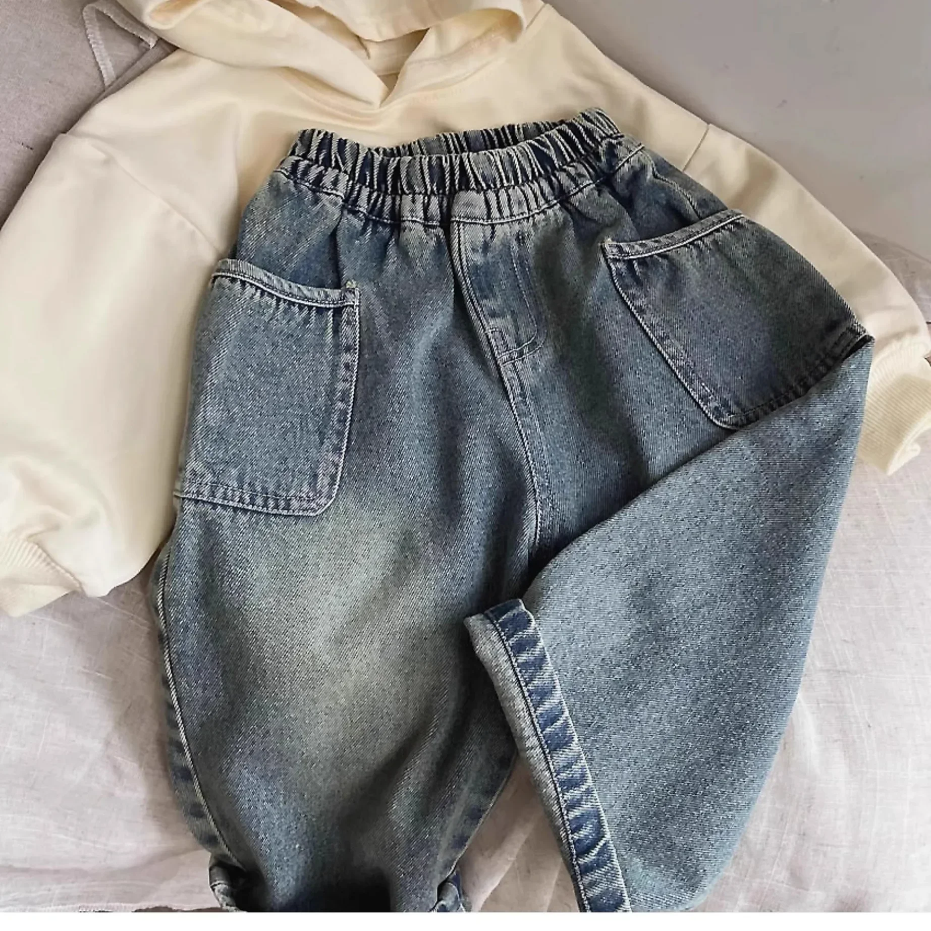 2024 Spring Autumn Kid Boys Denim Pants Side Pocket Polished White Children Boys Pants Elastic Waist Casual Baby Boys Trousers