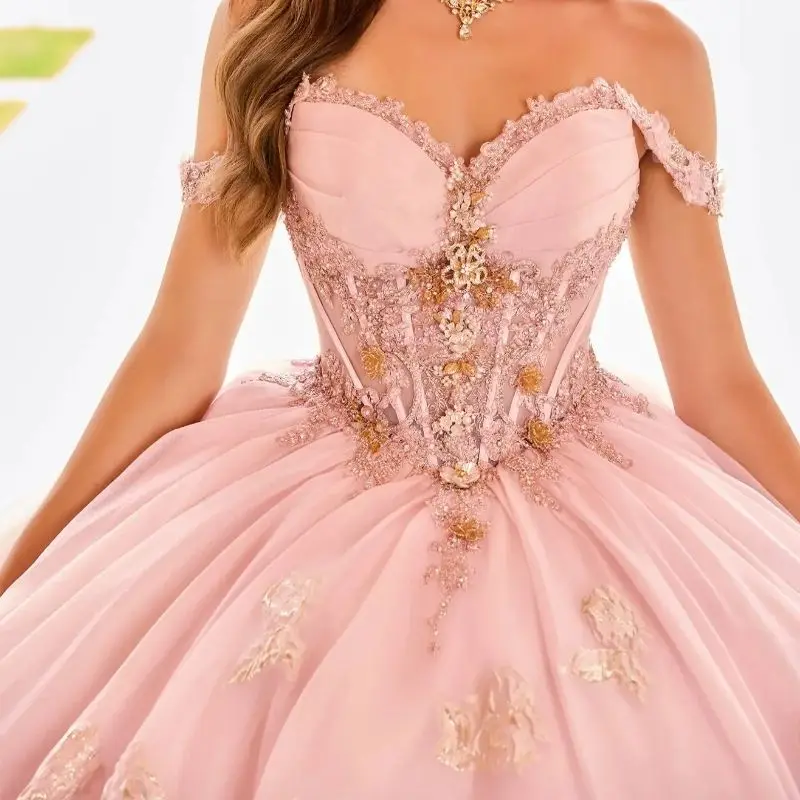 Lorencia Pink Sweetheart Quinceanera Dress Gold Floral Flowers Bead Princess Ball Gown Sweet 15 Party Vestidos De XV Anos YQD392