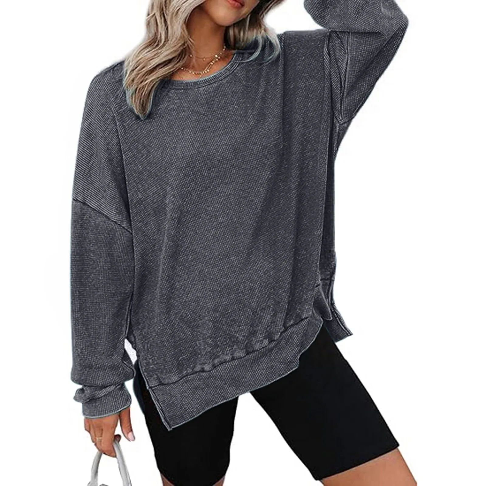 Women's Autumn New Round Neck Long Sleeve Side Split Hoodie Kpop Pullovers Loose Sweatshirt