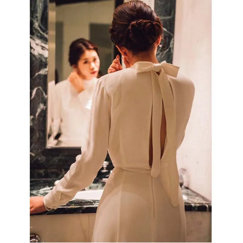 

Light Wedding Dress Travel Shoot Simple Forest Style French2025New Long Sleeve White Spring Bride