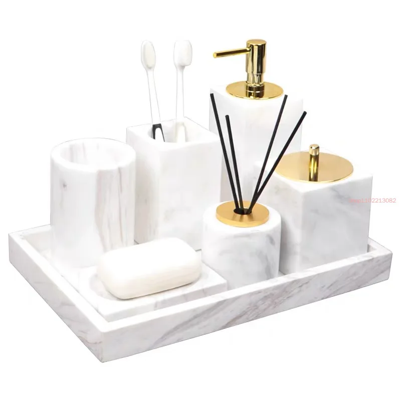 Marble Bathroom Accessories Set Soap Dispensers/Dishes Toothbrush Holder Gargle Cups Tissue Cotton Swab Box Tray Wedding Gifts