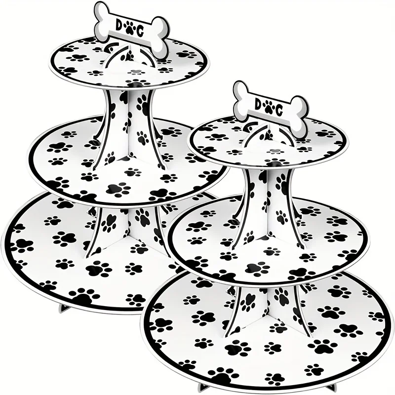 Support rond en carton pour cupcakes, 1 pièce, 3 niveaux, imprimé patte de chien, présentoir de tour à Dessert, décorations de fête d'anniversaire sur le thème des chiots
