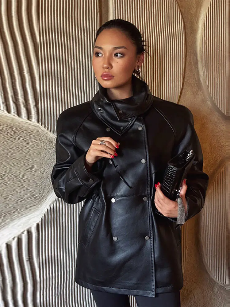 Schwarze zweireihige Lederjacke, lang, modisch, gesteppt, kurzmantel, langärmelig, PU-Leder, lässige Oberbekleidung, Straße