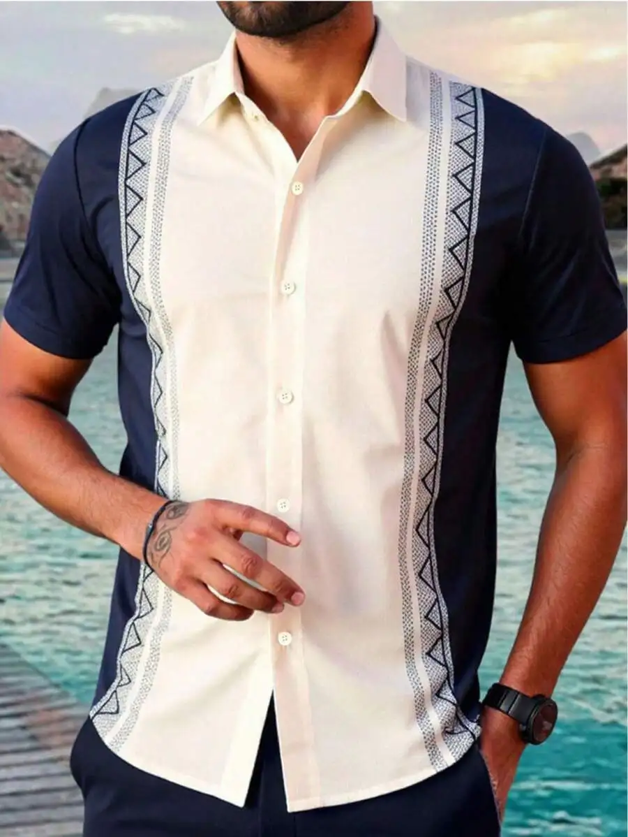 

Men's Geometric Print Short Sleeve Casual Shirt with Contrast Panels