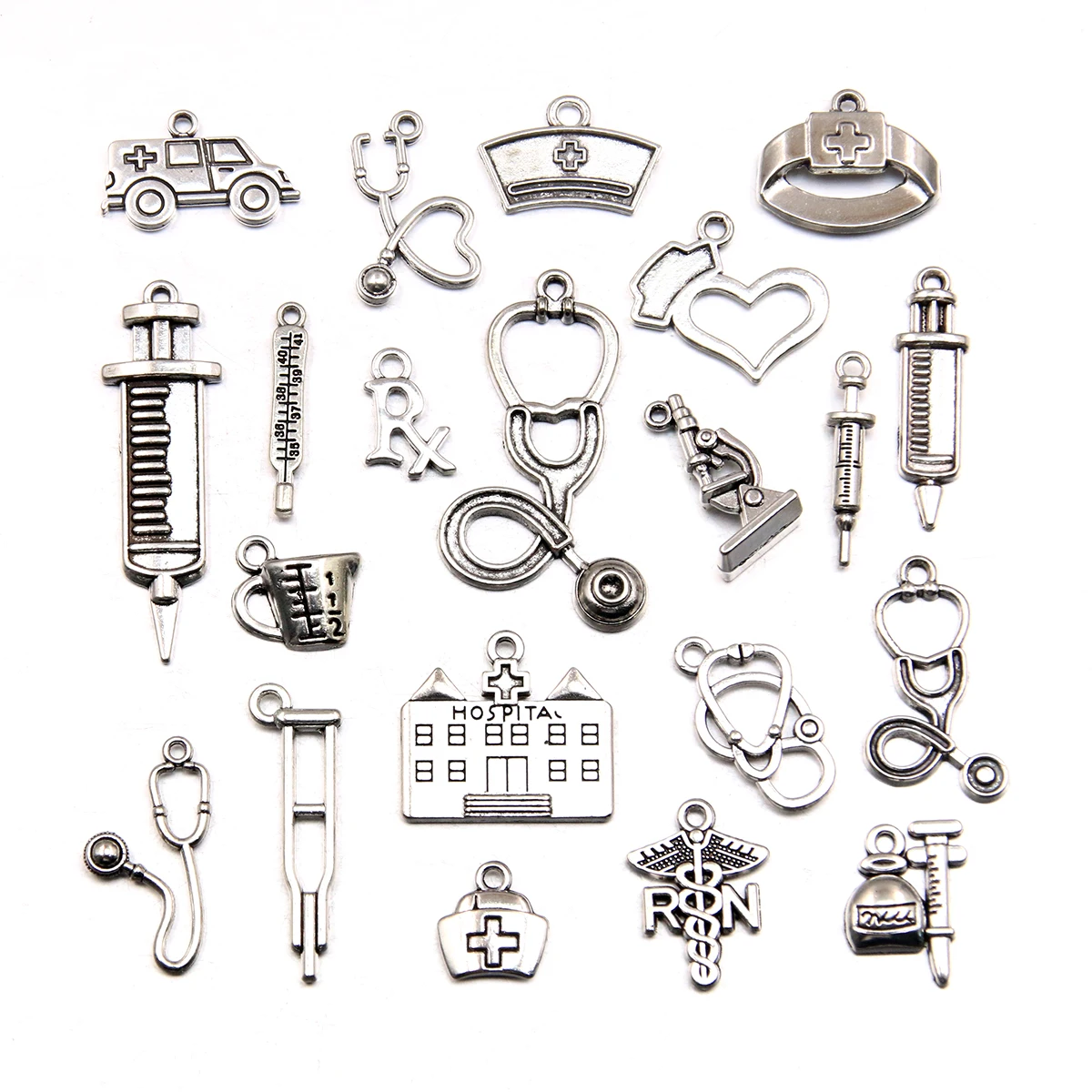 20PCS 21 Styles Mixed Alloy Medical Machinery Kit Charms For Jewelry Making DIY Handmade Crutches Syringe Stethoscope Pendant