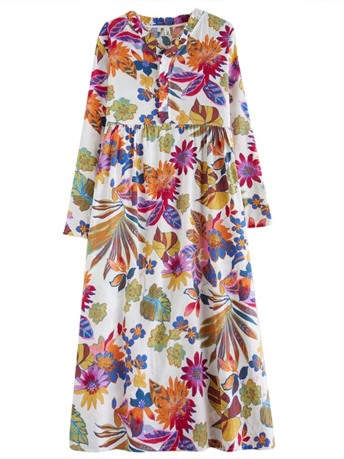 레트로 레이스 브이넥 코튼 린넨 드레스 여성용 봄 가을 루즈 슬림 캐주얼 롱 슬리브 맥시 플로럴 롱 드레스