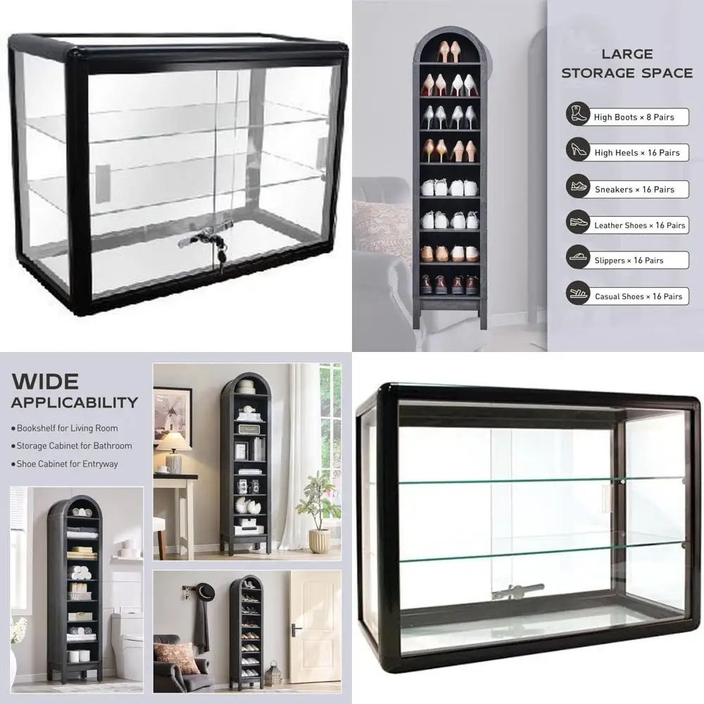 

Elegant Black Aluminum Garment Rack with Tempered Glass Top and Lockable Sliding Doors Display Showcase