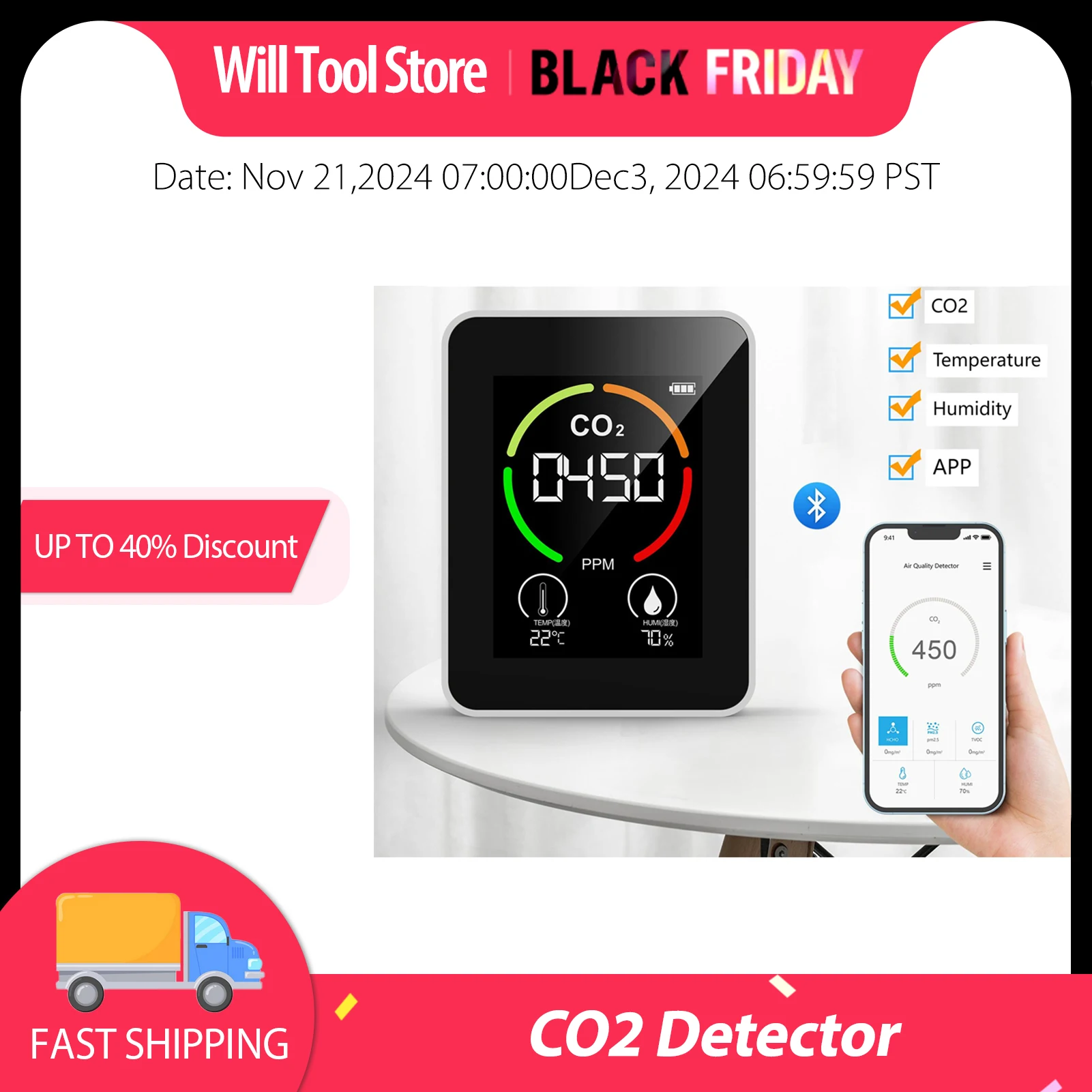 Portable CO2 Detector CO2 Detector Portable Battery Operated Carbon Dioxide HCHO TVOC Temp Humi 5 in 1 Meter Air Quality Monitor