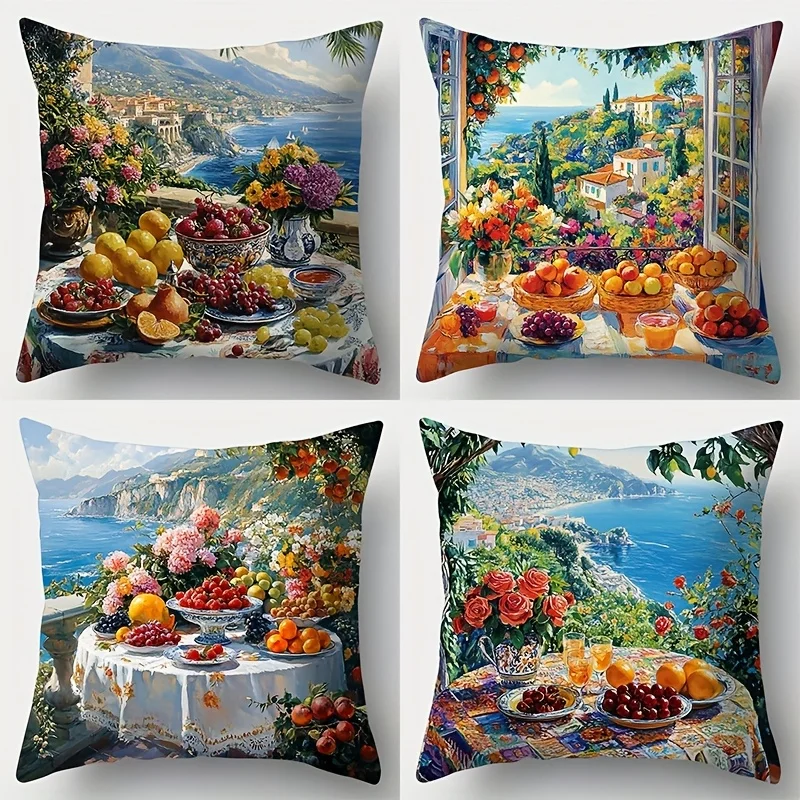 4Pcs Mediterranean Scenery Pillow Covers 45x45cm Double-sided Printed Cushion Cases Sea View Fruit Still Life Home Decor No