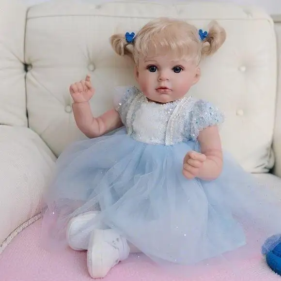 Corpo de pano macio de 20 polegadas, princesa reborn fofa realista, vestindo vestido azul, boneca de brinquedo de banho infantil, presente de aniversário, h, 1 peça