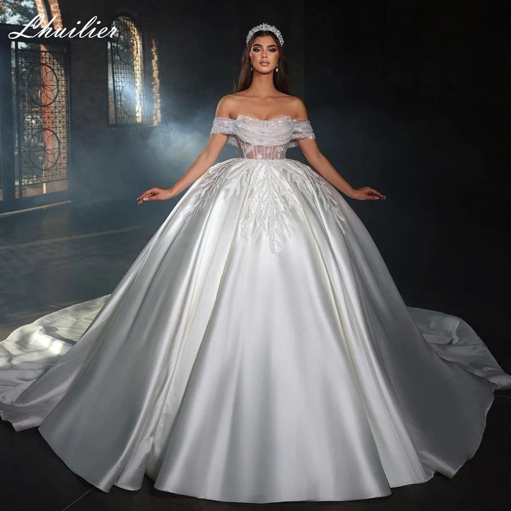 Lhuilier Boat Neck Ball Gown Satin Wedding Dresses Floor Length Beaded Lace Bridal Gowns with Chapel Train