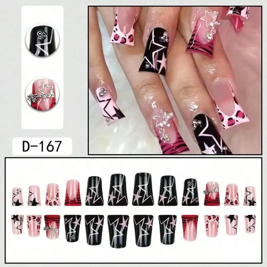 1pc Duck Bill Shape Press On Nails, Pink & Black Contrast With Leopard Print, Star Patterns & Rhinestone Dangle Charms, French Tip Design, Removable & Reusable Fake Nails, Perfect For Edgy Style, Daily Wear & Nail Art Decoration, Easy To Apply & Remove