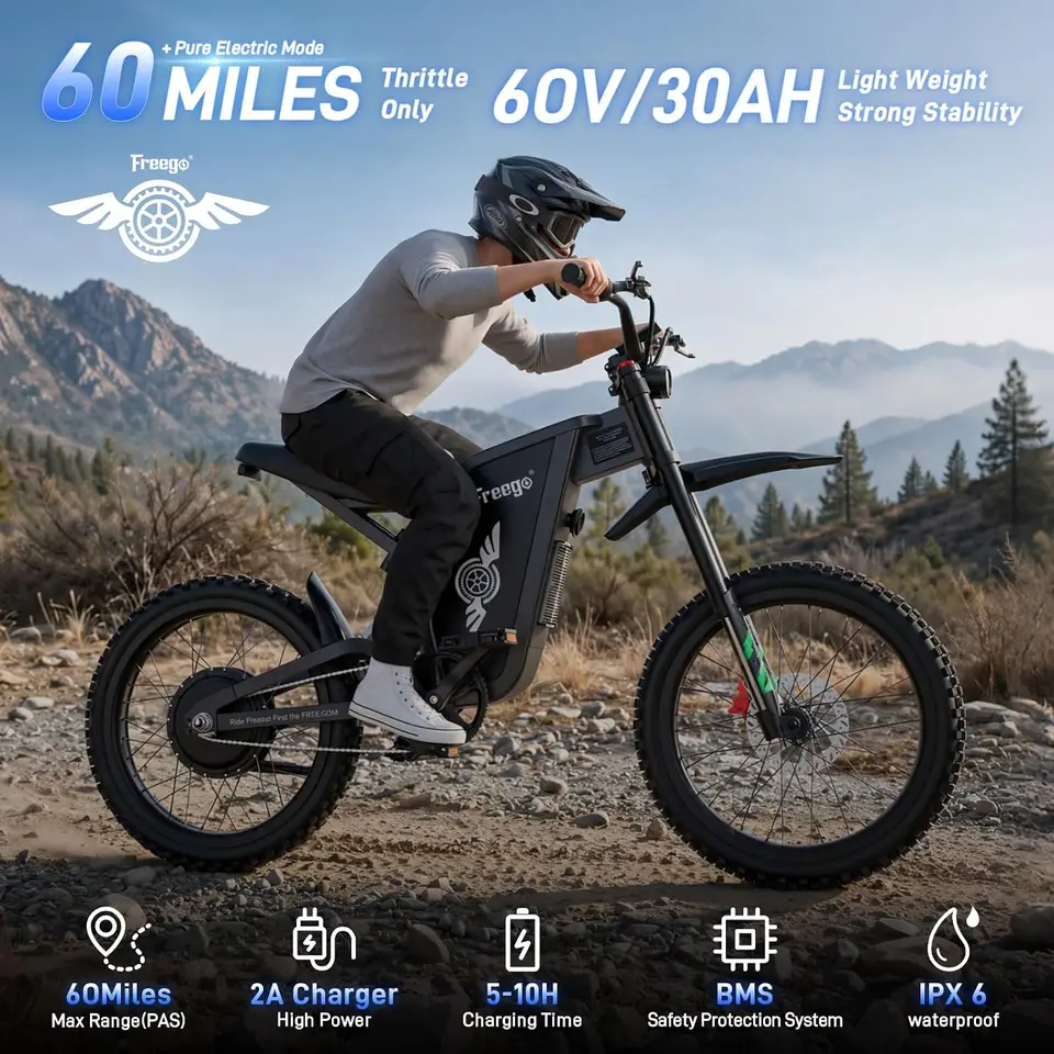Freego X2Pro Electric Bike 6000W Motor 1800Wh Battery Electric Motorcycle Max 50Mph Electric Dirt Bike 19x2Full Suspension ebike image 2
