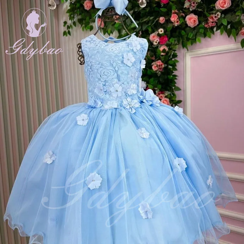 

Blue Satin Flower Girl Dress For Wedding Puffy 3d Applique With Bow Kids Birthday Christmas First Communion Party Ball Gowns