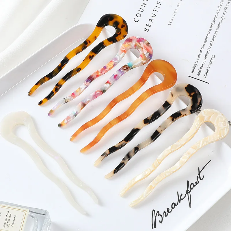 Fashion Hair Sticks Women Acetate Hair Clips Large 11.6cm U Shape Hair Stick Colorful Marble Pattern Hair Clip Hair Accessories