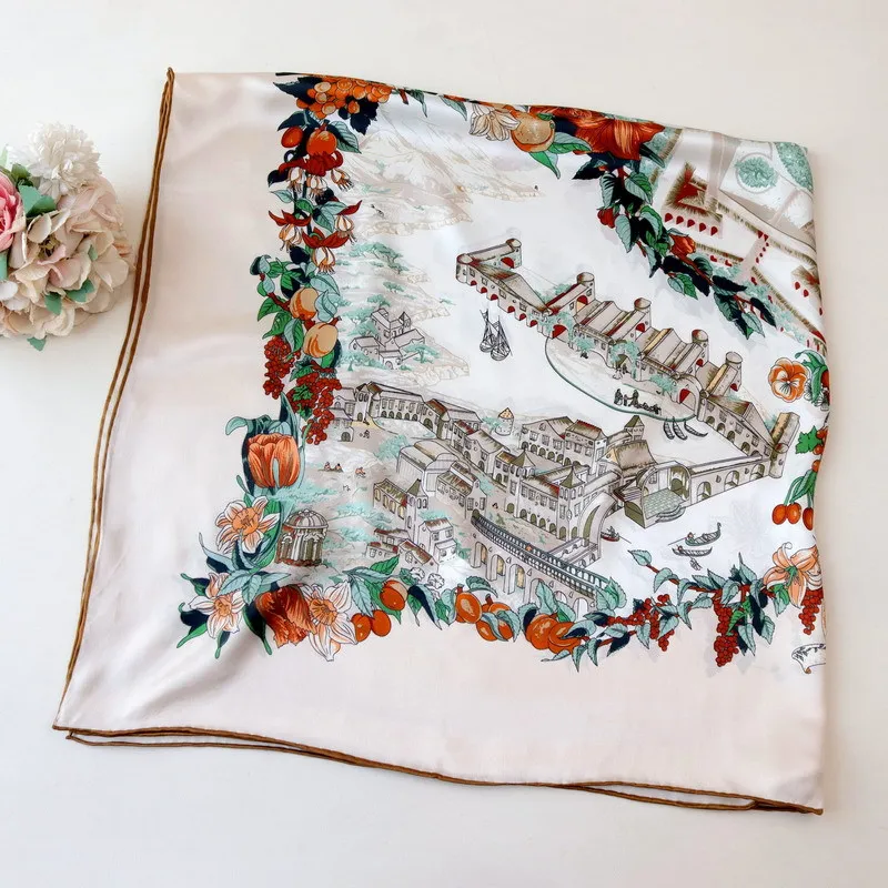 

110cm Square Silk Scarf Luxury Brand Women Scarves Hand Rolled Edges Bandanas Shawls Summer Satin Scarfs Clothing Decoration