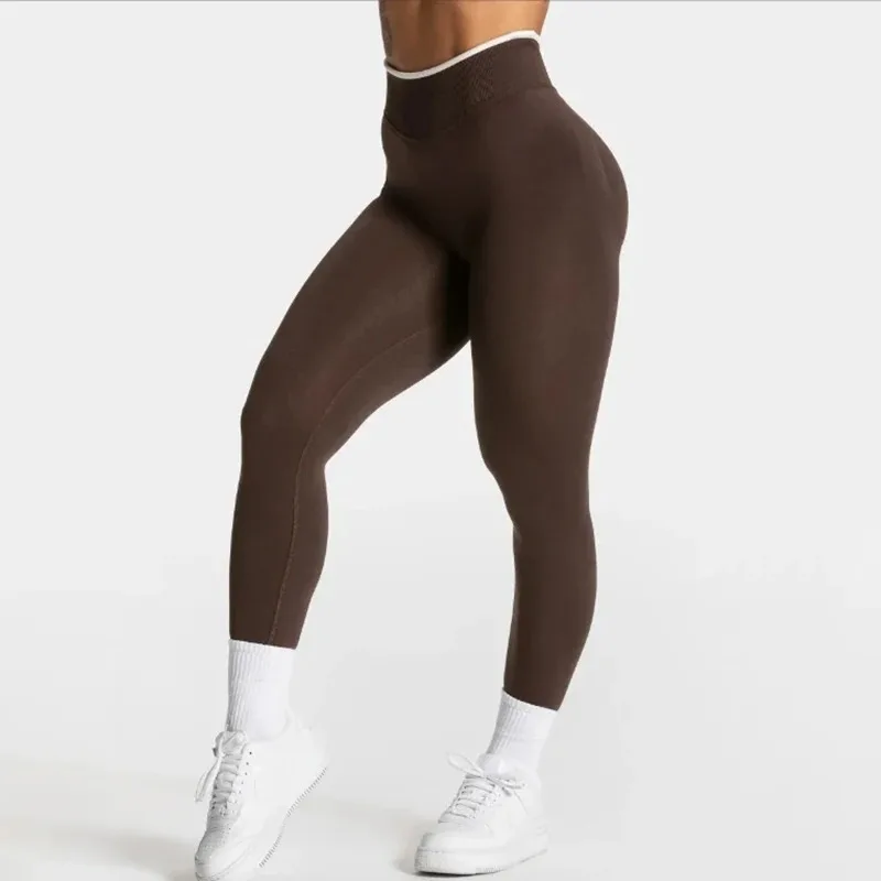 Women Seamless White Edge Waist Yoga Pants High Waist Hip Lifting Solid Tight Sports Pants Running Gym Workout Exercise Pants