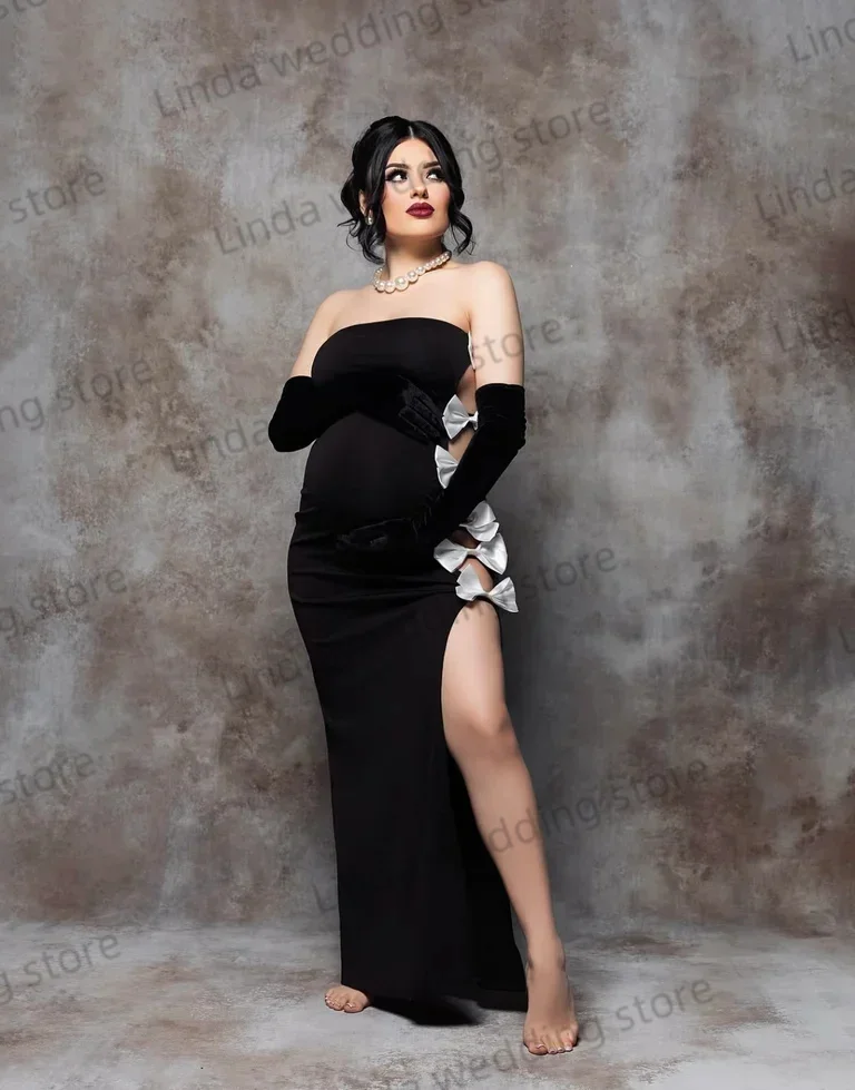 사진 촬영을위한 블랙 맞춤형 출산 가운 활이있는 Strapless 인어 칵테일 드레스 섹시한 민소매 베이비 샤워 가운