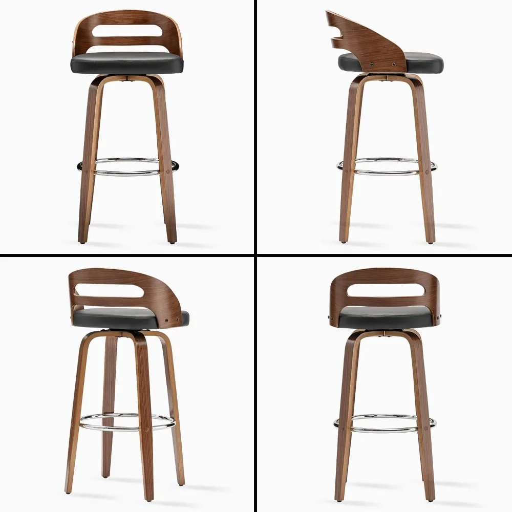Kursi Bar Set Isi 2, Kursi Tinggi Bar Putar dengan Kayu Bentwood Walnut, Punggung Bawah, Kulit Imitasi Berlapis, Kursi Bantalan Lembut, Mid C