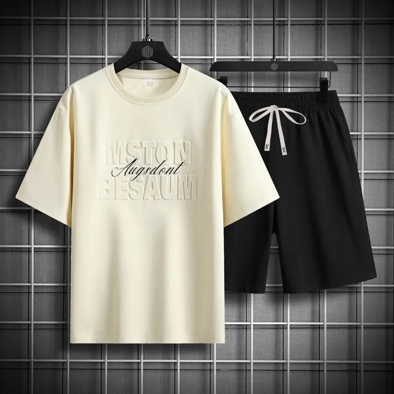 

Men American Embossed Letter Short Sleeve T Shirt Elastic Drawstring Shorts Casual Sports Two Piece Set Size 34-38
