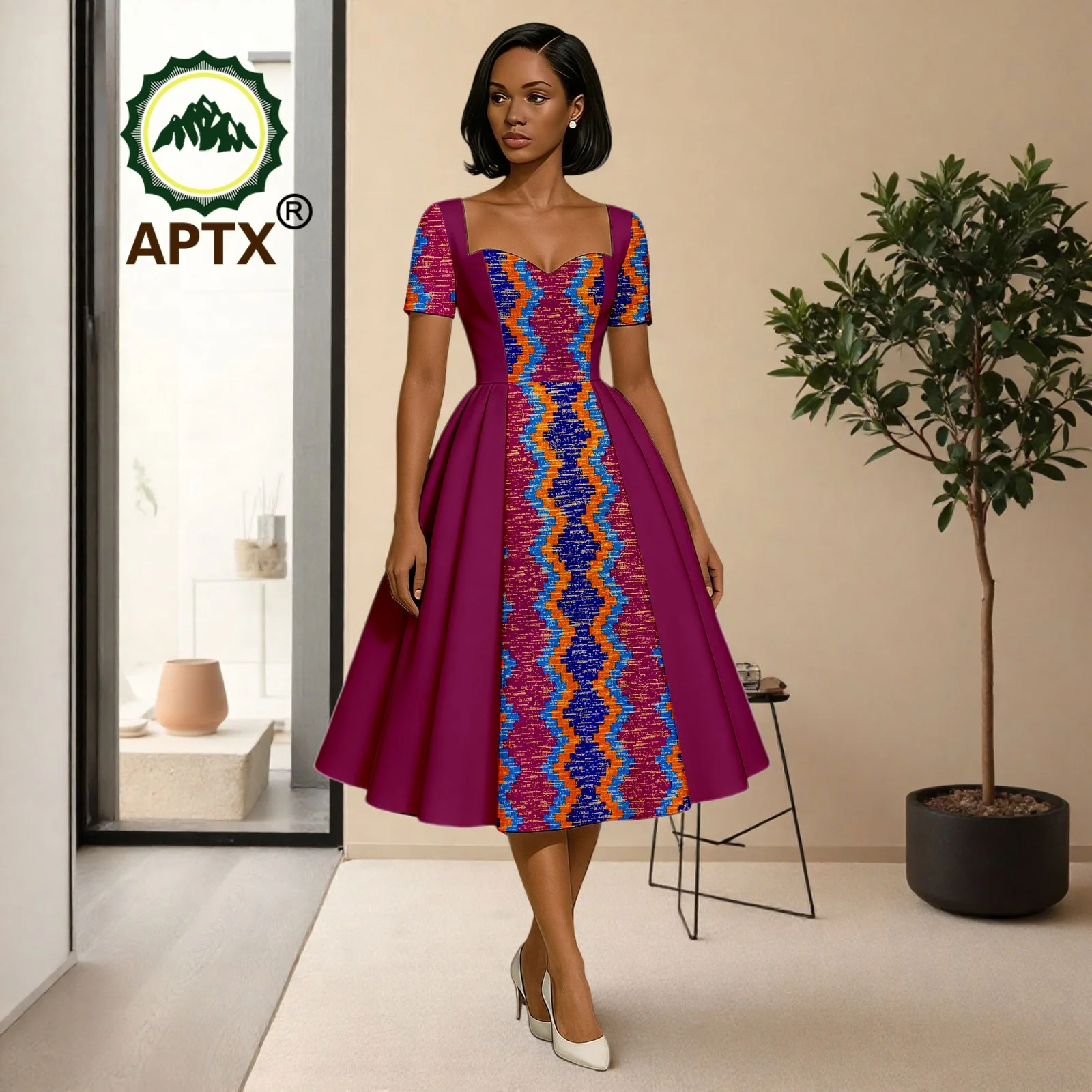 

African Dress for Women Ankara Print Square Collar Short Sleeve Mid-Calf Patchwork Dress Dashiki Casual Party Dress