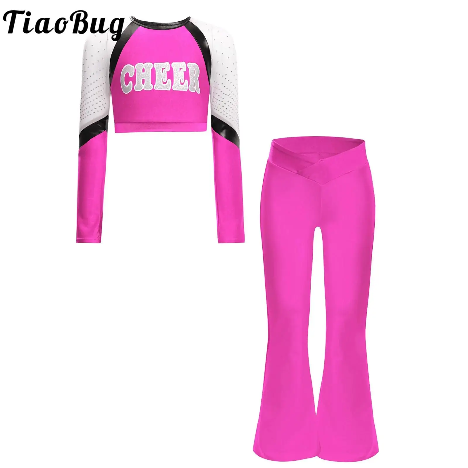 

Kids Girls Cheerleading Dance Outfit Sport Modern Dance Costume Rhinestones Long Sleeves Letter Print Crop Top with Flared Pants