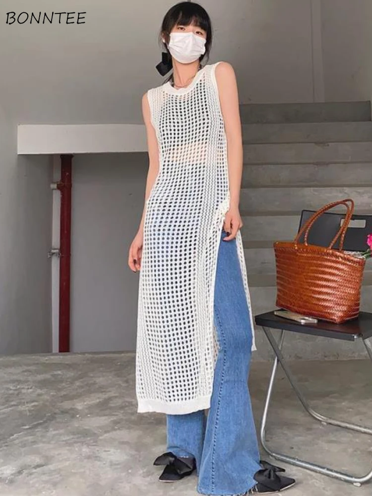 Hollow Out Dresses Women Side-slit Personality All-match Knitted Sleeveless Summer Leisure Daily Streetwear Hipster Korean Style