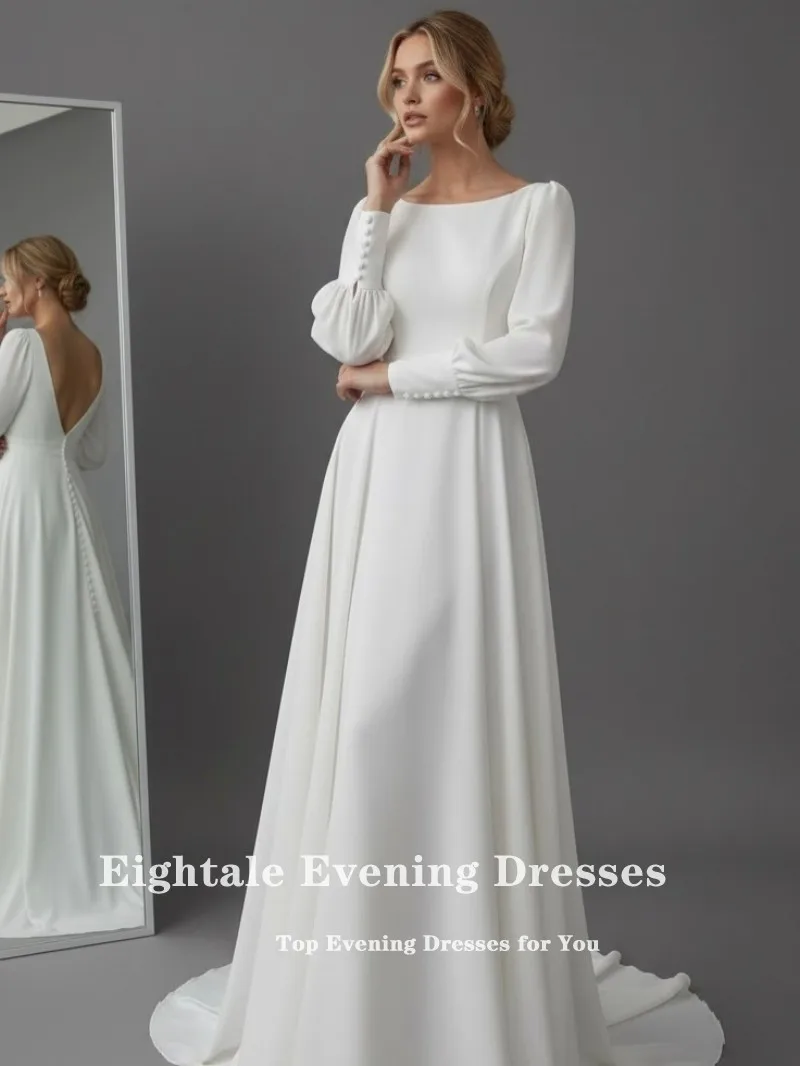 Abito da sposa arabo Eightale personalizzato avorio o-collo in raso maniche lunghe abito da sposa musulmano lunghezza pavimento abito da festa da sposa