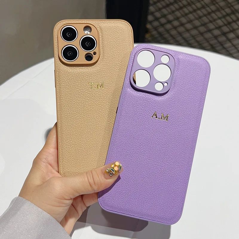 Luxury Personalised Case For iPhone 16 15 14 13 12 11 Pro Max Customized Name initials Letter Leather Cover 7 8 plus XR XS max