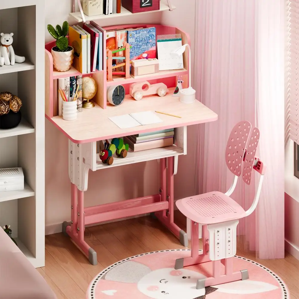 2Pcs/Set Desk Chair Set, Adjustable Height Table And Chair With Four Partition Book Stand, Backpack Hook, Cup Holder, Pink