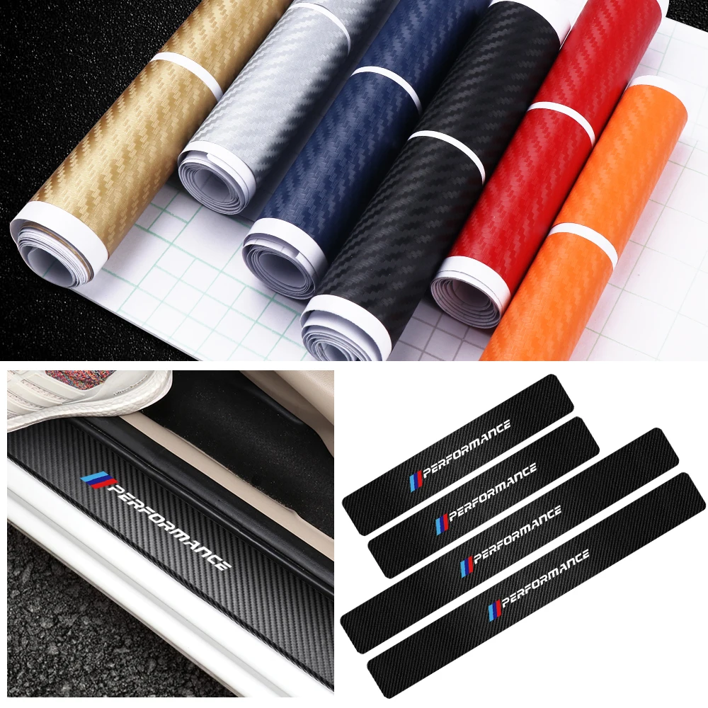 Car-styling 4Pcs Performance Emblem Carbon Fiber Auto Door Sill Scuff Protection Stickers For BMW M F31 F34 F32 E52 E53 E60 E90