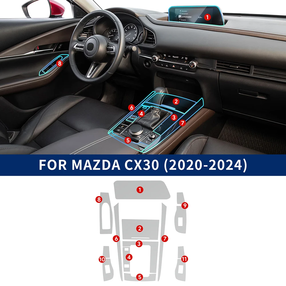 For Mazda CX30 2020-2024 Car Center Console Gear Panel Navigation Screen TPU Interior Protective Film Anti-Scratch Repair LHD