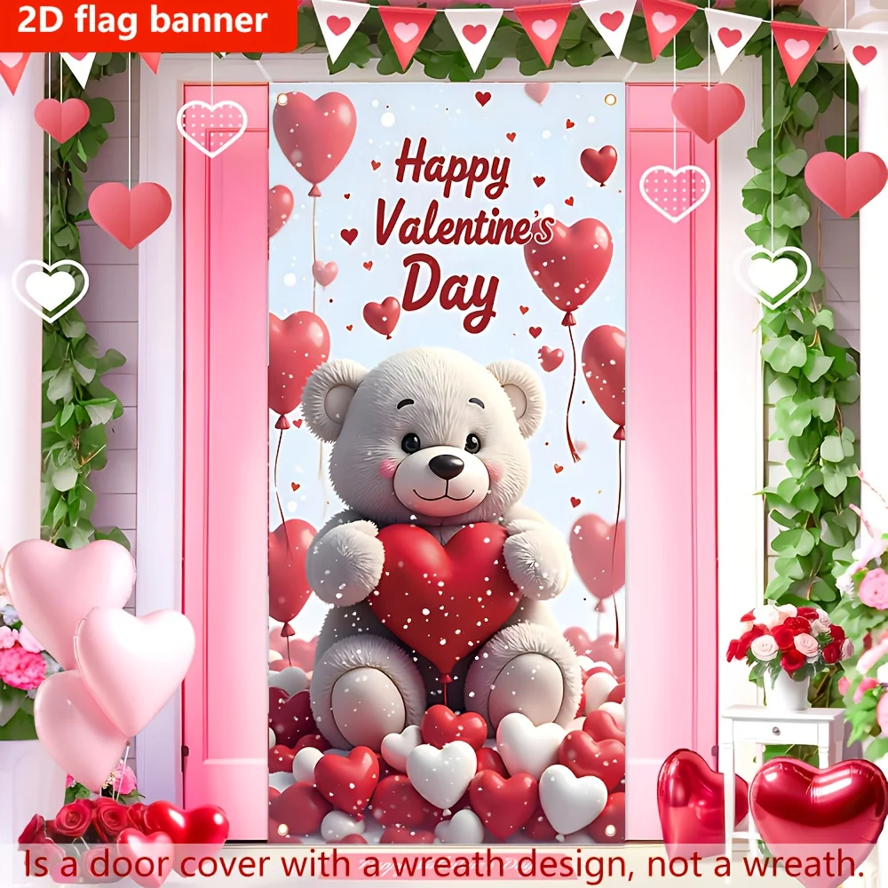 1pc 2D FLAT Valentine'S Day Outdoor Banner, Beer Door Cover - 180x90cm Polyester Material Banner, Heart & Bear Flag Banner
