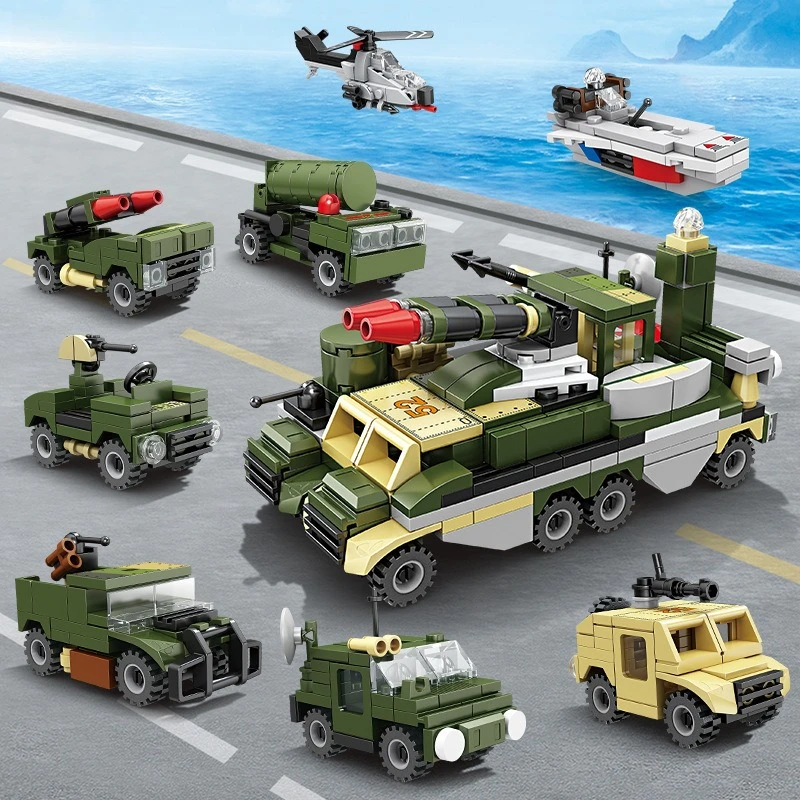 Brinquedo de bloco de construção de menino de montagem de veículo de combate blindado de posição multifuncional militar 8 em 1