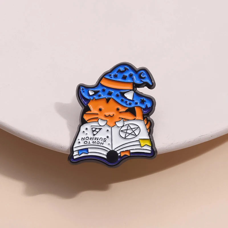 Gothic Wizard Cat Spells Enamel Pin Summon Magic Book Brooches Lapel Badge Clothes Backpack Halloween Jewelry Pin