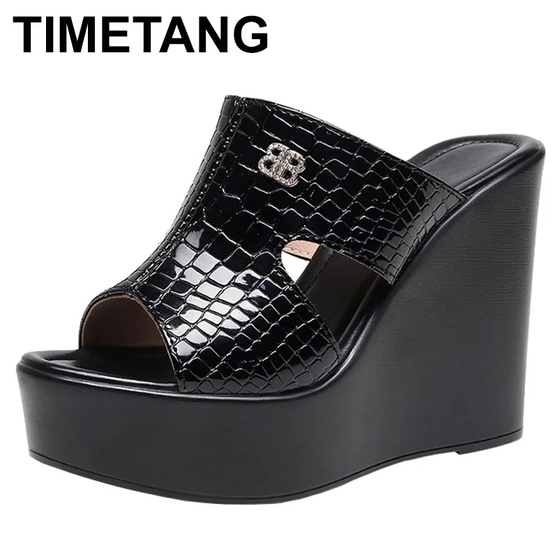 

High quality summer leather wedge Slippers for women 6cm 8cm 10cm 12cm high heel open toe elegant fashion shoe