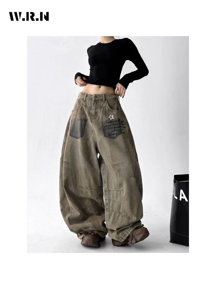 

Винтажные джинсы большого размера в эстетическом стиле, женские уличные мешковатые брюки полной длины Y2K, повседневные джинсовые брюки в стиле Харадзюку в стиле панк