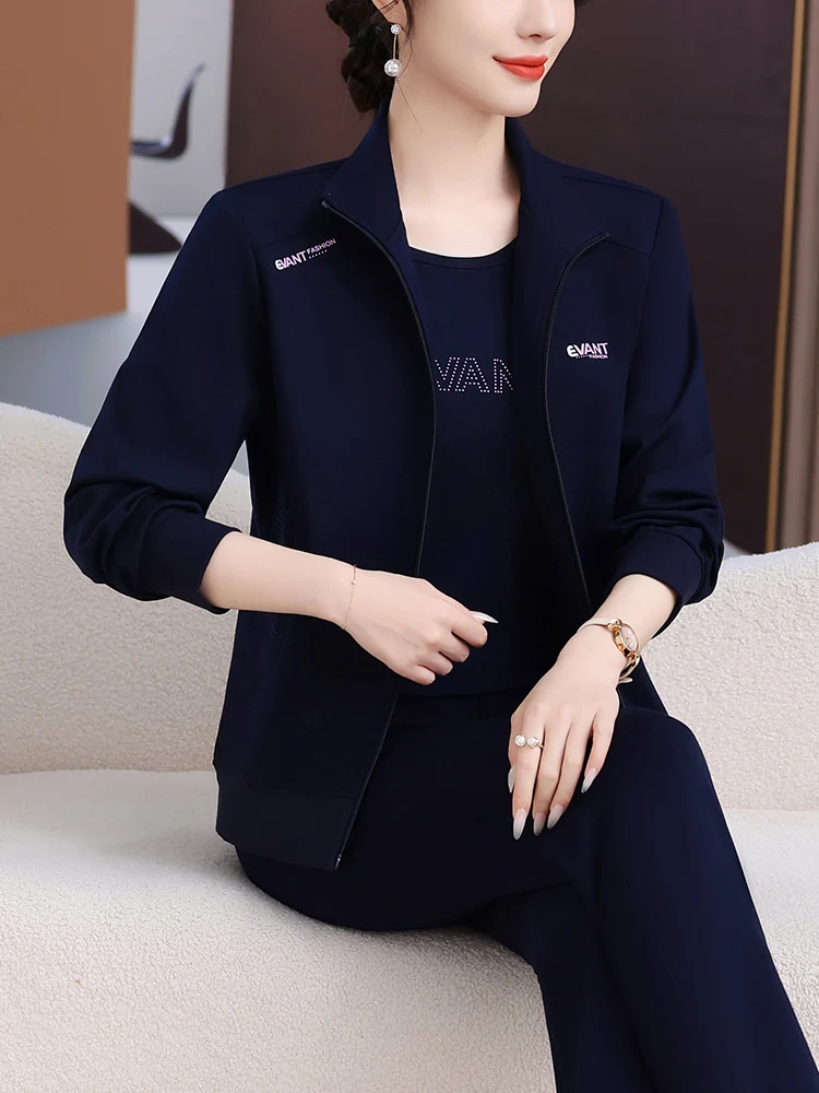 

Повседневный спортивный костюм для женщин среднего возраста, весна-осень, комплект из двух предметов, модный наряд, большие размеры, на молнии, из смесового хлопка