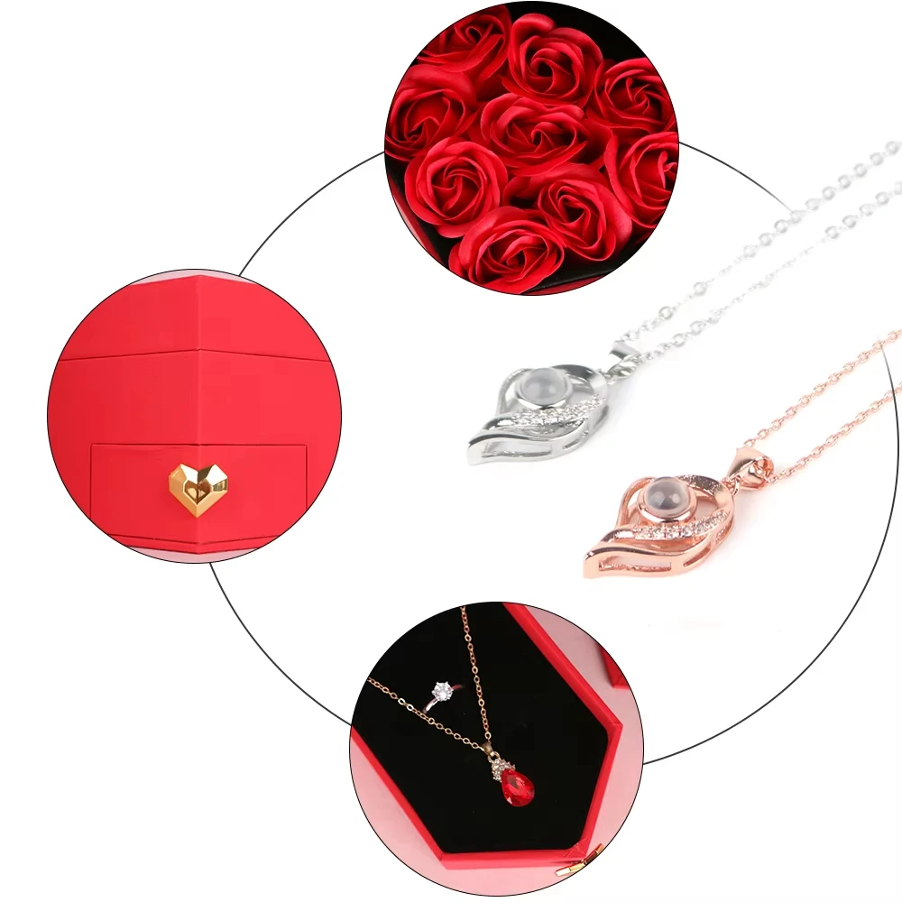 Rose Jewelry Box Exquisite 100 Languages I Love You Necklace Romantic Jewelry Box High-Quality Heart Shape Jewelry Gift Box