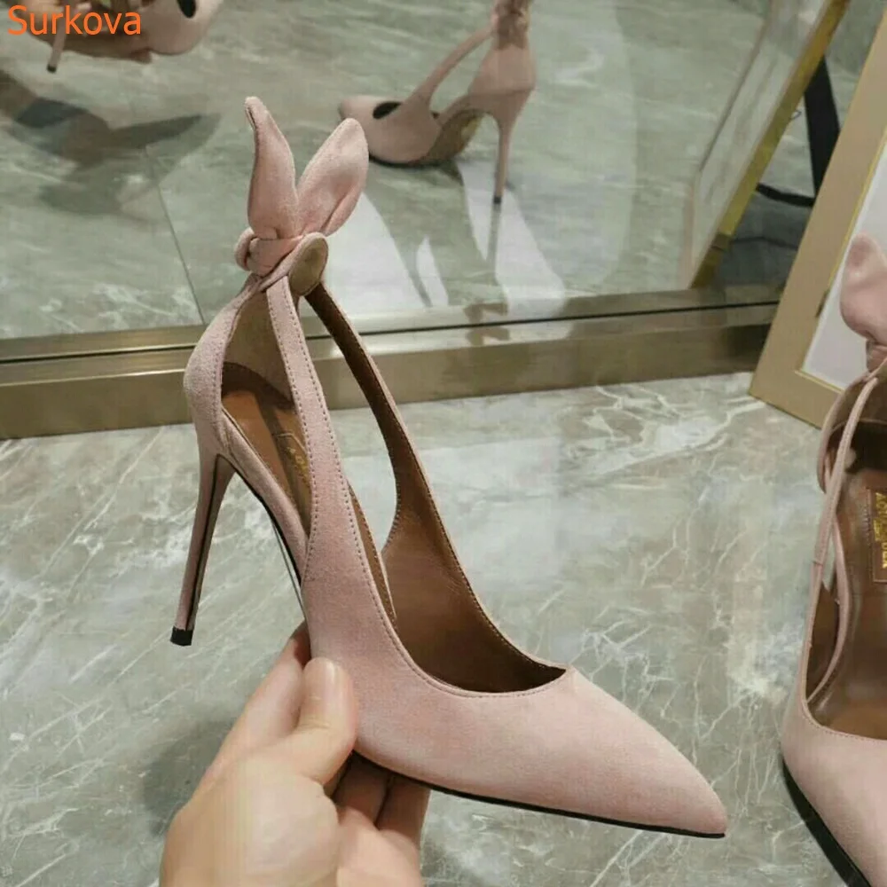 

Butterfly Knot Pointed Toe Stiletto Heels Pumps Shallow Solid Cover Heel Slip On Thin Heels Spring Autumn Fashion Women Shoes