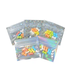 50pcs Mini Laser Packaging Bags Flat Bath Salt Cosmetic Packages Clear Holographic Jewelry Candy Foil Zip Lock Pouches Thicked