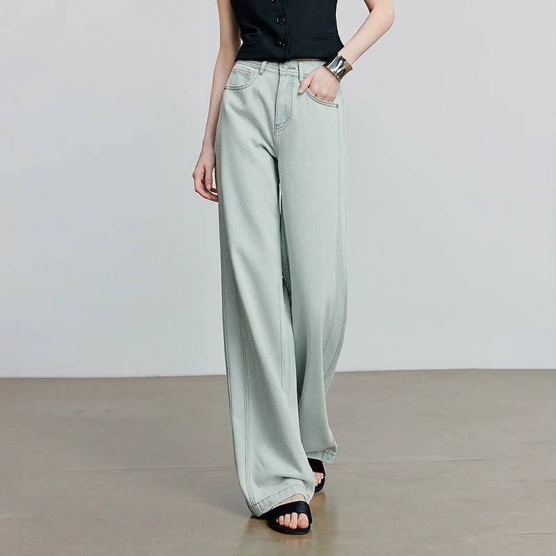 TOYOUTH Women Denim Jean 2026 Spring New Acetate Puff Splicing Wide Leg Denim Jeans 8528093