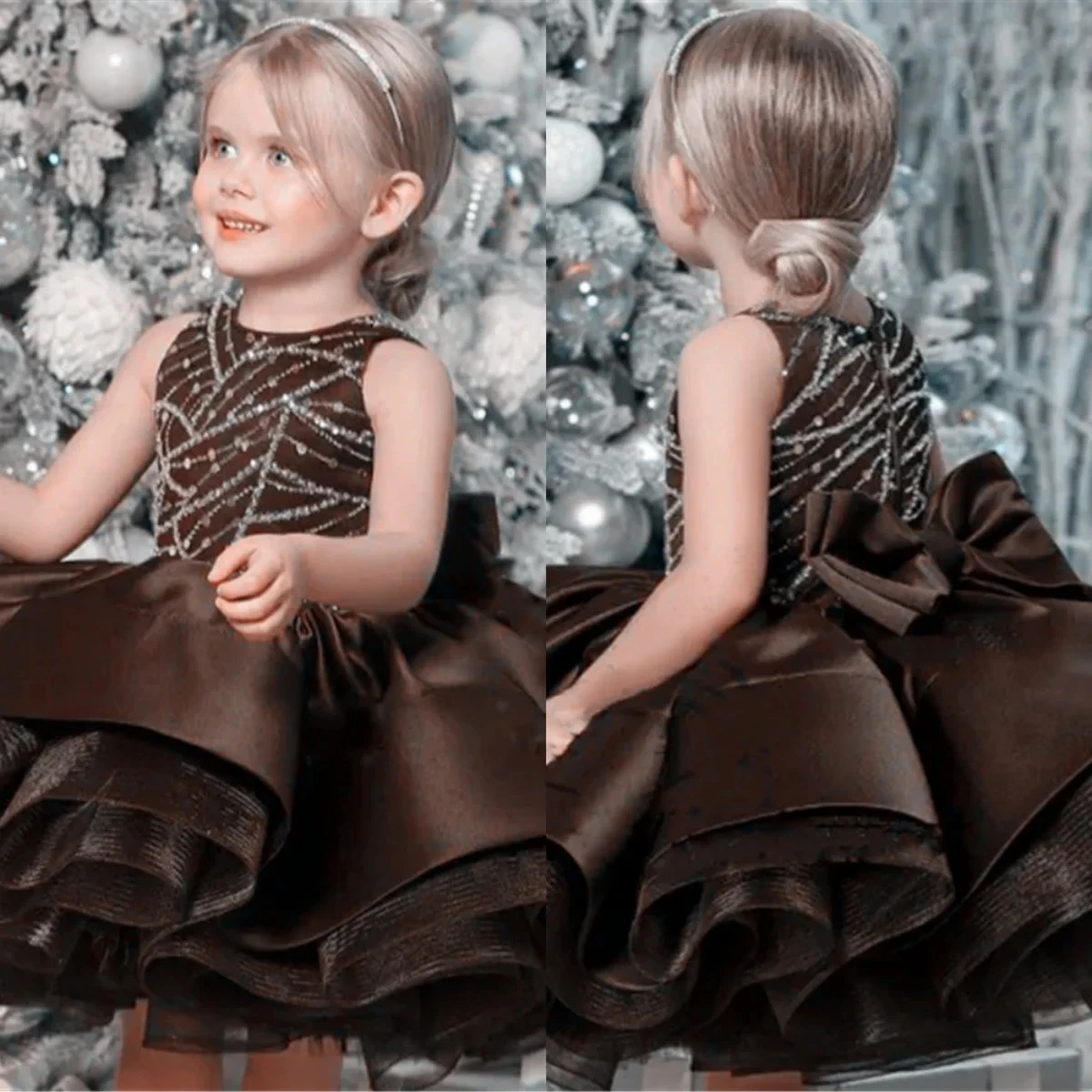 Maßgeschneidertes braunes Blumenmädchenkleid für die Hochzeit, Schleife, Perlenstickerei, Satin, ärmellos, knielang, Kindergeburtstag, Erstkommunionkleid