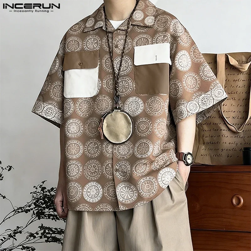 

INCERUN Men Shirt Printing Patchwork Lapel Short Sleeve Male Tops Streetwear Summer Vacation 2026 Fashion Casual Men Clothing