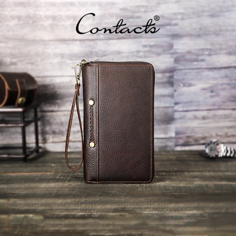 

CONTACT'S Genuine Leather Clutch Bag Men Photo Card Holder Pen Slot Phone Pocket Handbag Male Vocation Travel Gift Long Wallet