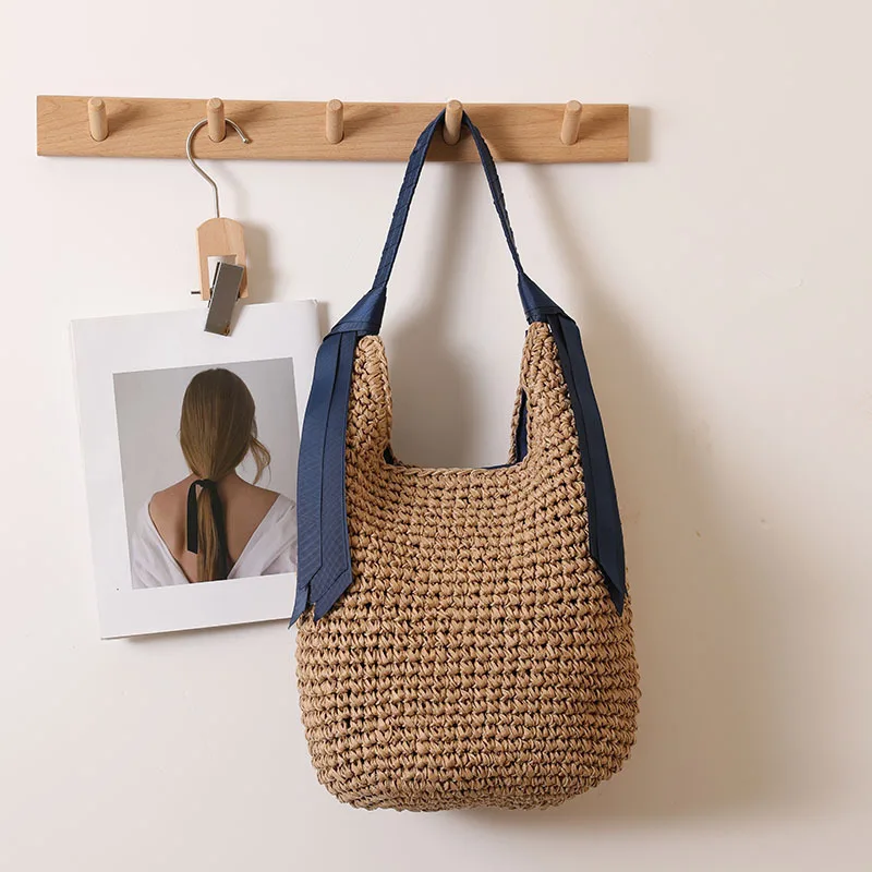 Neue 2026 Einfarbige Strohtasche Sommer Bohemian Style Strandurlaub Einzel-Schultertasche Geflochtene Handtasche für Damen – Detail 13