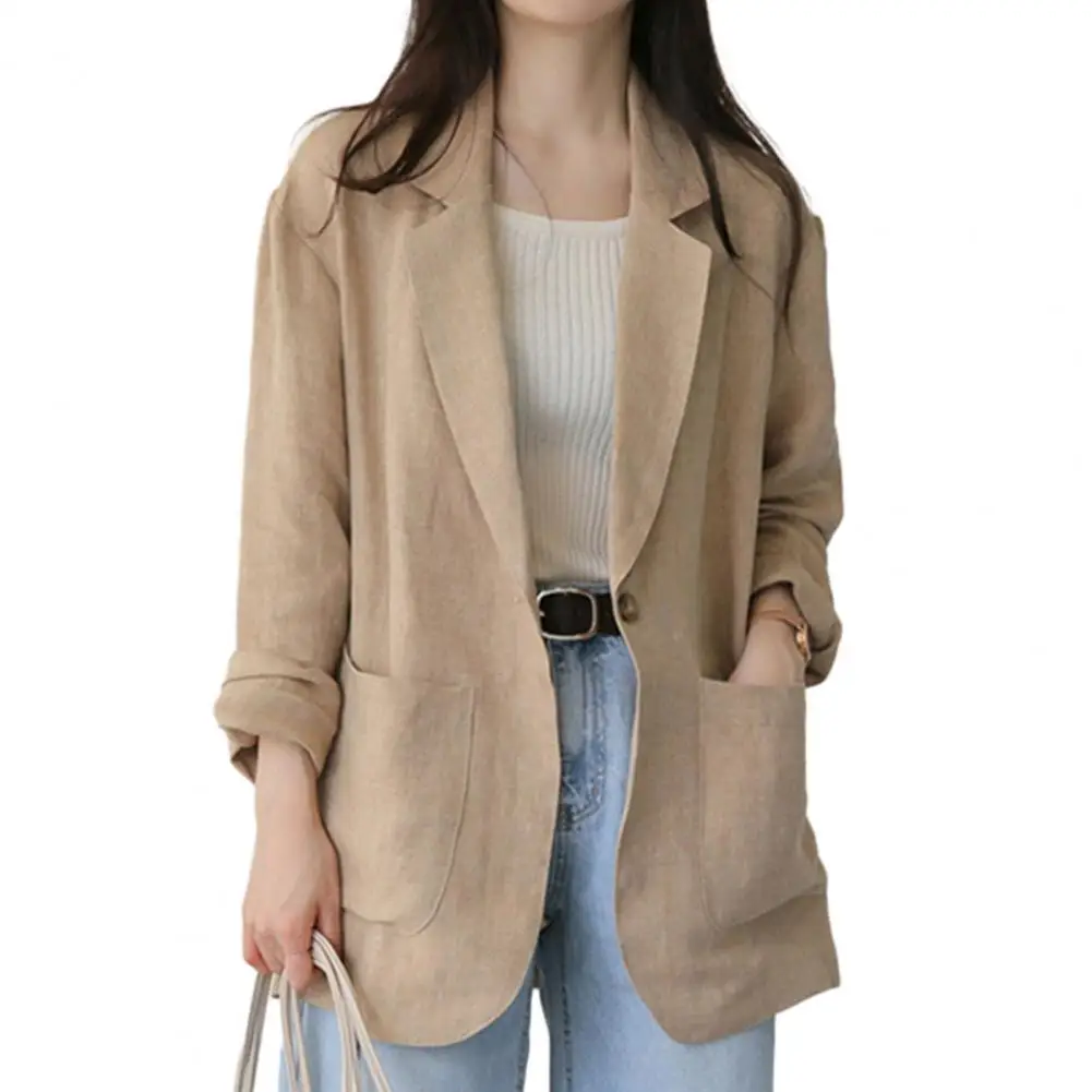 Korean Style Women Lapel Long Sleeve Suit Coat Pockets Design Single Button Solid Color Loose Fit Thin Blazer Workwear