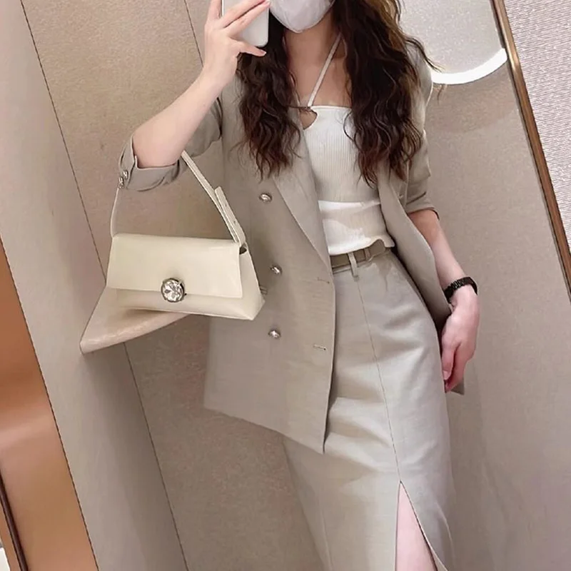 2024 Spring New Skilled and Elegant High end Hip Wrap Professional Commuter Light Grey Suit Coat Set Skirt Two Piece Set