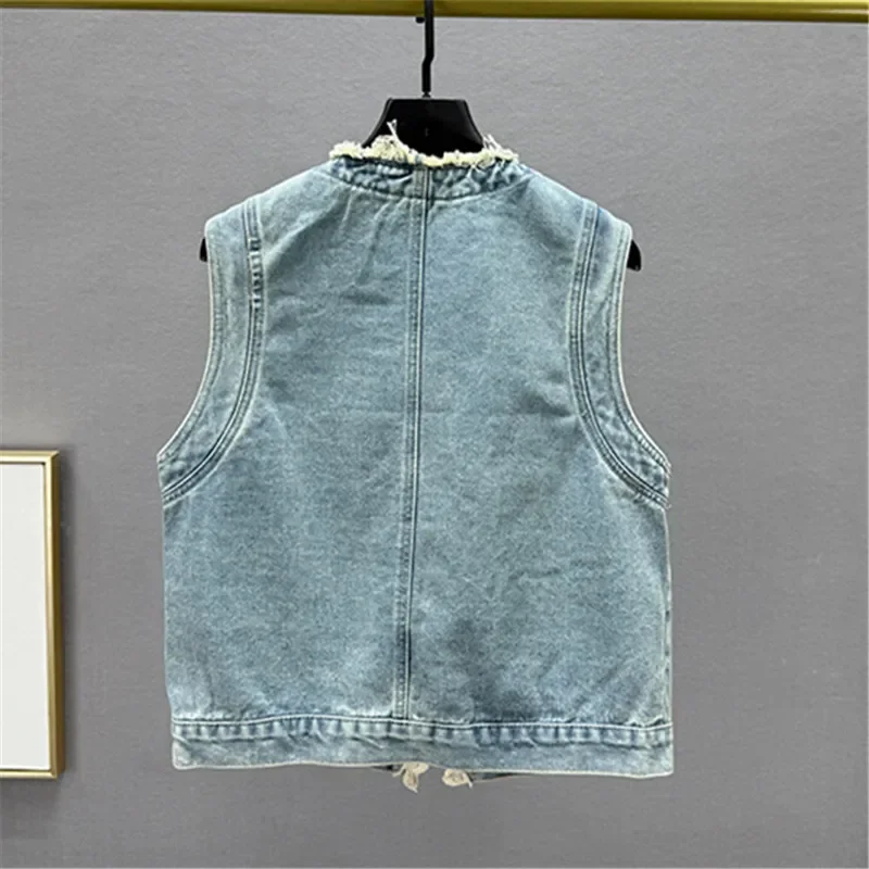 

Summer Women Blue Short Denim Vest Casual Frayed Burrs Round Collar Lace Patchwork Single-Breasted Sleeveless Cowboy Waistcoat