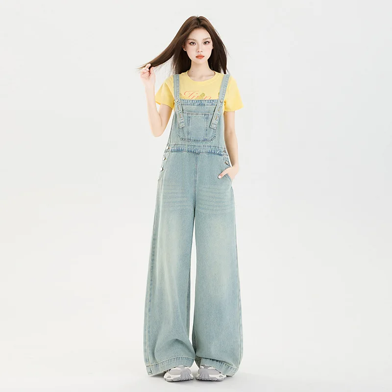 Denim Overalls Women Wide Leg Jeans Jumpsuits High Waist Full Length Washed Distressed Pockets Loose Fit Spliced 2025